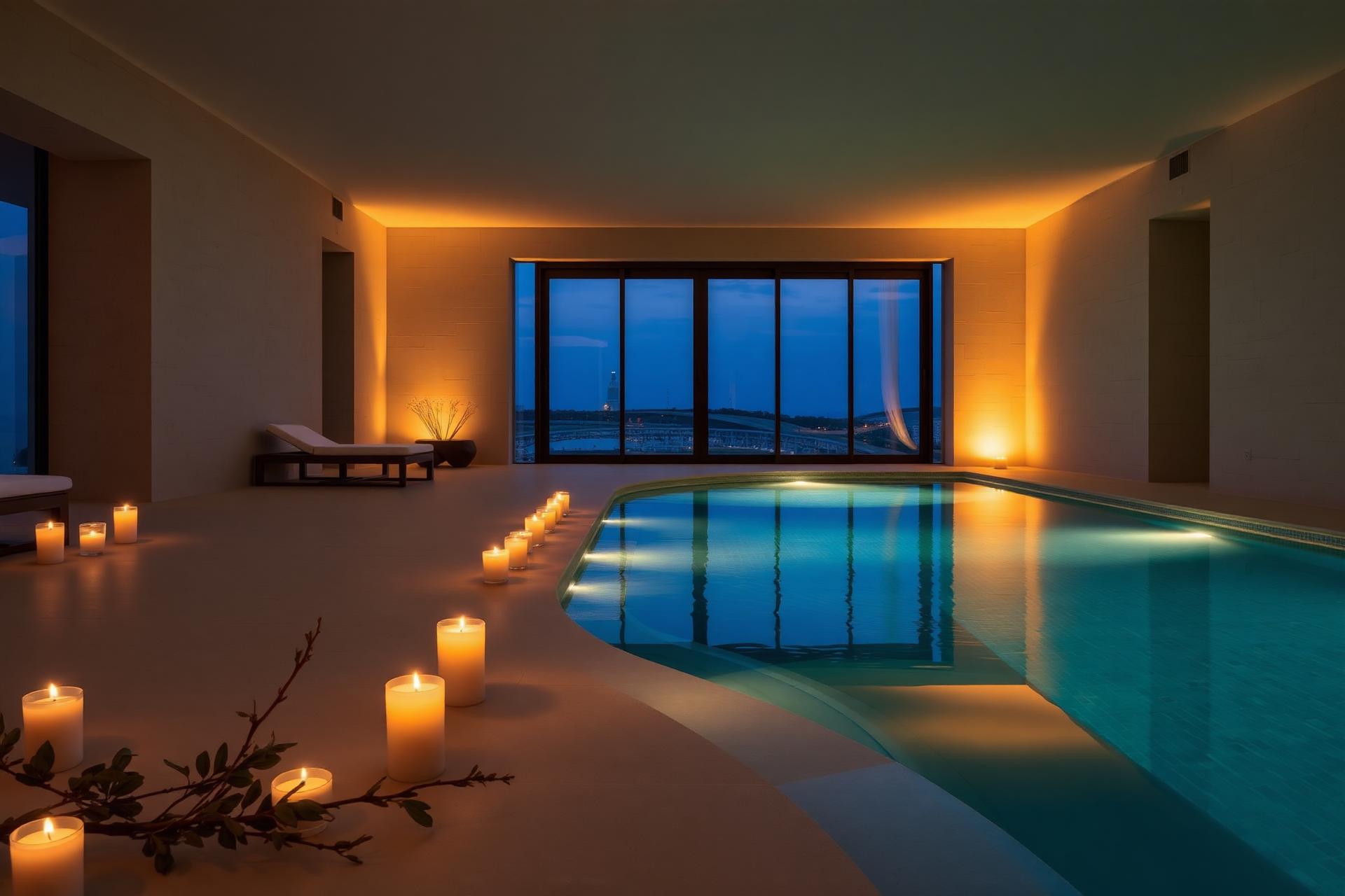 The private pool at dusk, lit by candles along the edge
